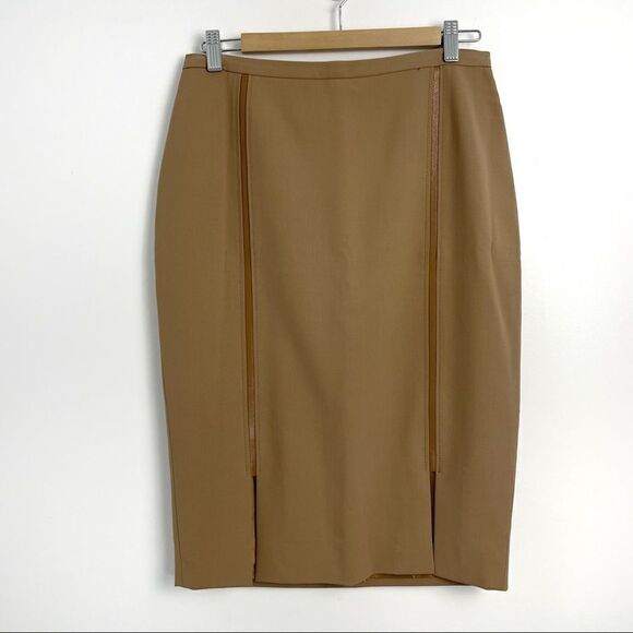Gianfranco Ferre Tan Wool Blend Leather Trim Skirt Suit Sz 8 - Picture 5 of 16